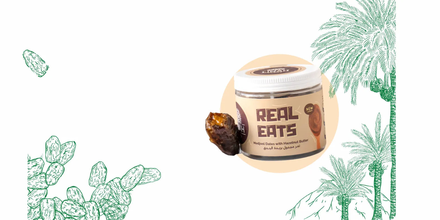 A jar of Real Eats Medjool Dates stuffed with hazelnut butter, placed against a decorative background featuring artistic sketches of palm trees and Medjool dates.