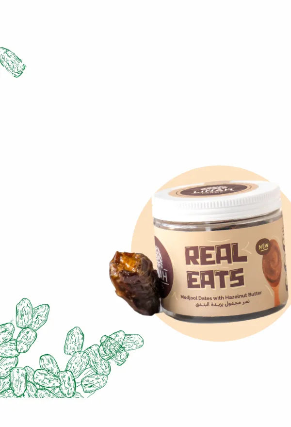 A jar of Real Eats Medjool Dates stuffed with hazelnut butter, placed against a decorative background featuring artistic sketches of palm trees and Medjool dates.