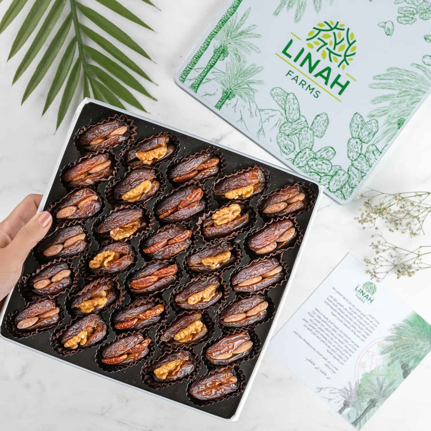 Linah Farms' Medjool dates stuffed with almonds, pecans, and walnuts in a decorative tin