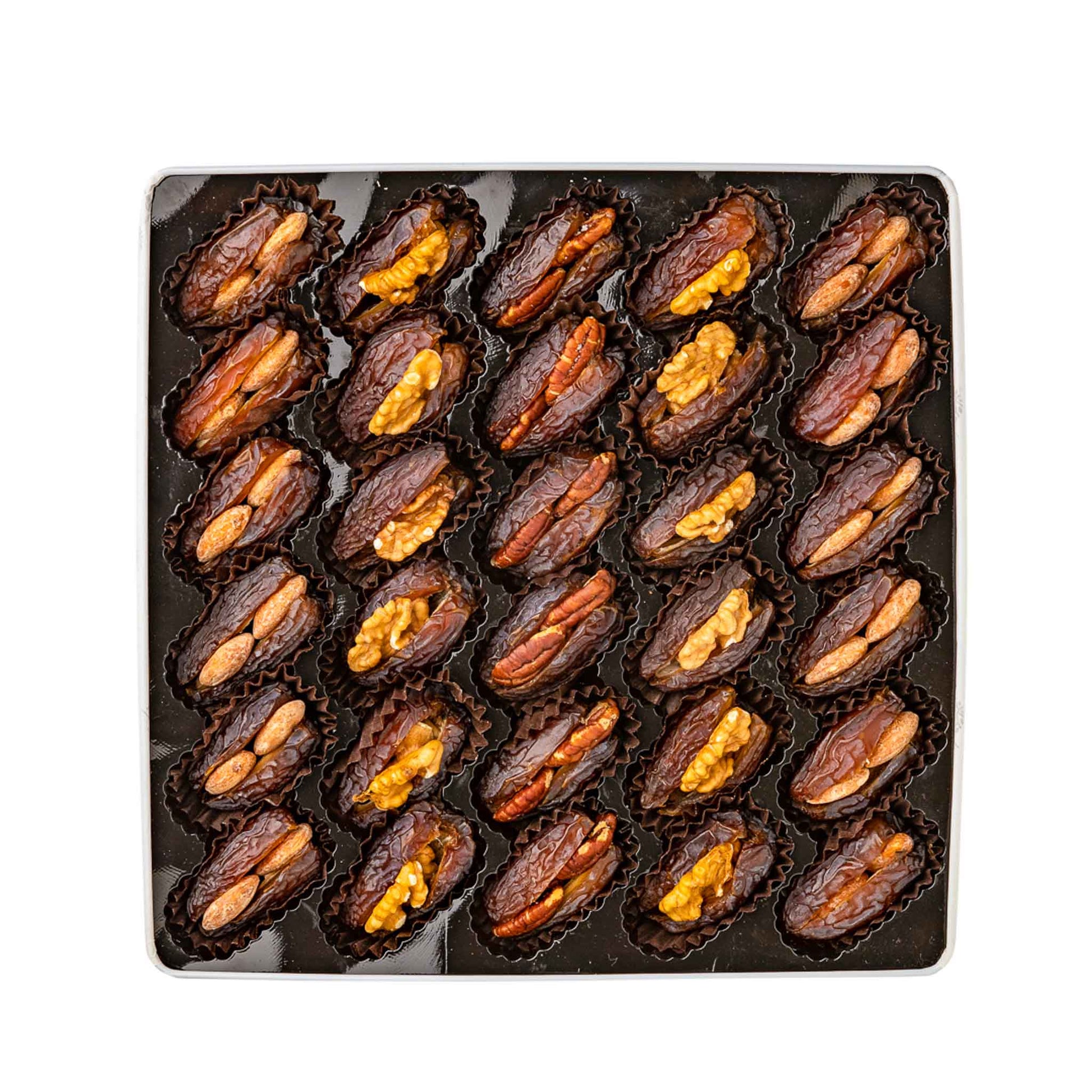 Linah Farms' Medjool dates stuffed with almonds, pecans, and walnuts in a decorative tin with white background 