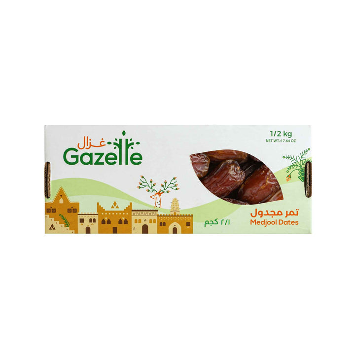 500 g box of Gazelle Medjools with white background 