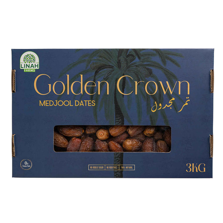 Linah Farms' Golden Crown Medjools 3 kg box with white background 