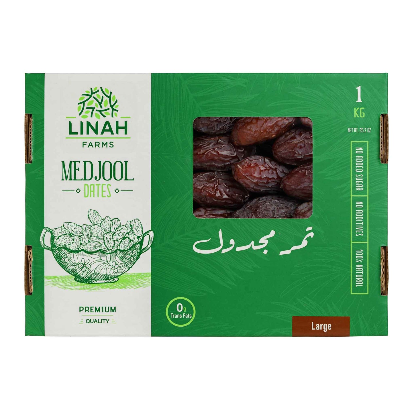 1 kg box of Linah Farms' Large Medjool Dates with white background 