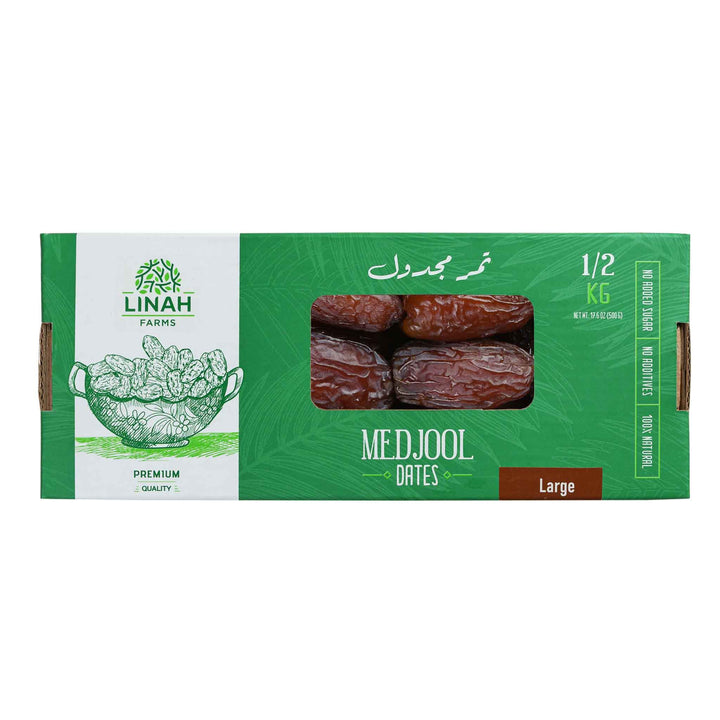 500 g box of Linah Farms' Large Medjool Dates with white background 